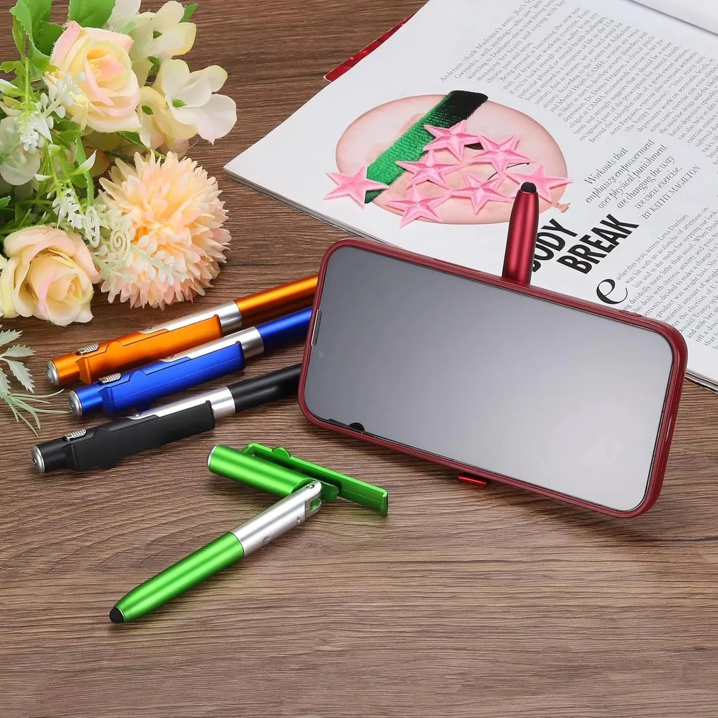4 IN 1 Multifunction Touch Pen Ballpoint Pens with LED Light Folding Stand for Phone Holder Night Reading Stationery Pencil